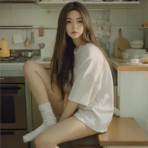 araffed woman sitting on a counter in a kitchen with a stove, korean girl, ulzzang, in white clothes, korean women's fashion mod...