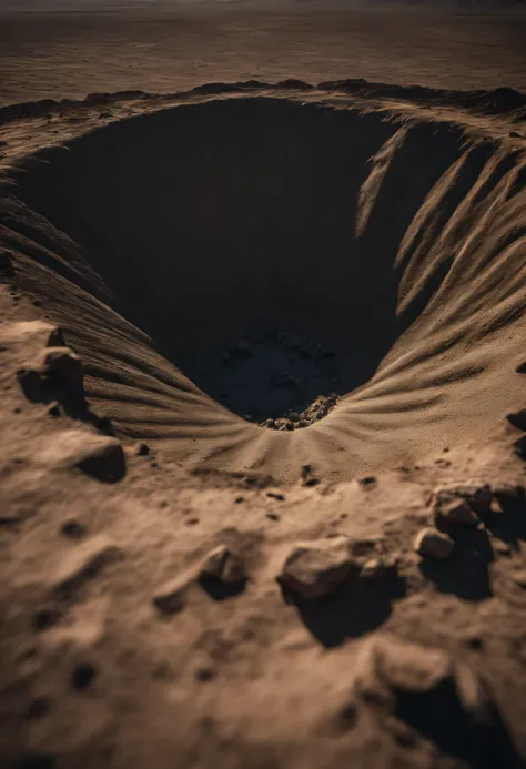 (photographic image, high quality, cinematic, aerial view), a large crater created by a meteorite in a desert, rocks and fragments scattered everywhere, low sunlight, evocative scene.