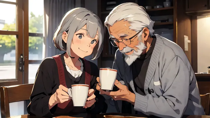 An 80-year-old gray-haired elderly man with a beard and wearing Samue and an 80-year-old gray-haired elderly woman are holding coffee cups.１Smiling while holding each one