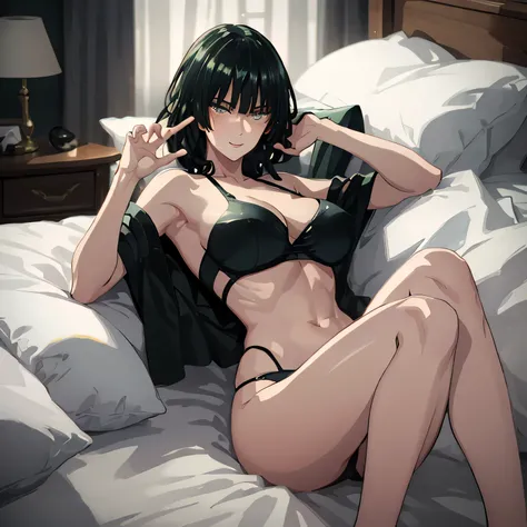 Masterpiece, ultra-detailed, One girl, lying on bed, Narrow waist, sexy hips, Full body view, Fubuki reclining on her back, Pillow hugged closely above head, Armpits exposed as she raises hand, Blushing face with a seductive smile, Flirty gaze, Inviting ex...