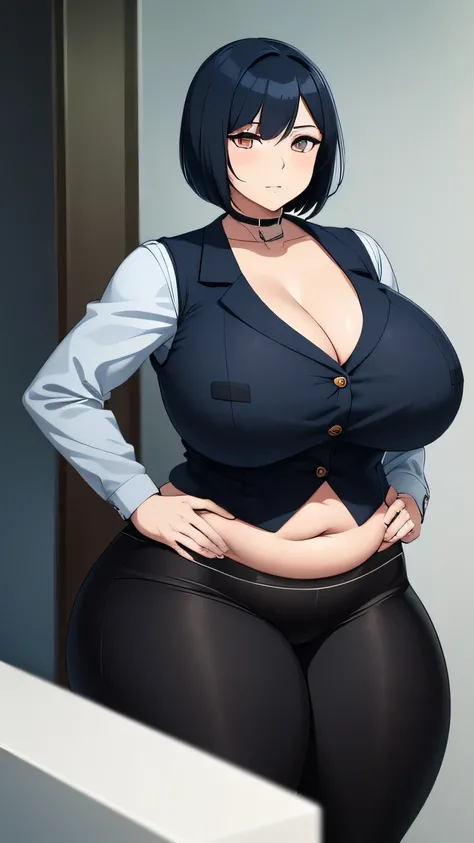 A beautiful mother, big breast, fat, mini bob, navy blue hair, light orange eyes, wearing a black vest with buttons, wearing a gray jacket, showing navel, and tight metallic black pants, huge thighs and sexy butt. 