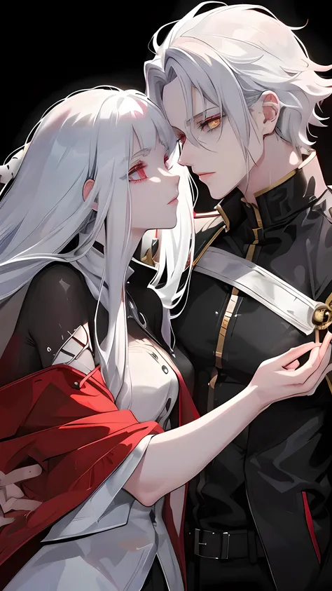 Anime couple in black and red dresses are hugging each other, from girl frontline, zerochan art, gray hair, gray hair deity, gray hairの, small details. girl frontline, sakimichan and frank franzzeta, wlop and sakimichan, From Arknights, Azur Lane character...