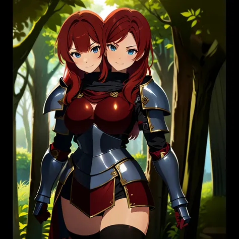 (masterpiece),(ultra-detailed), (high quality), (high resolution), (best quality:1.5, highres, UHD), highres, absurdo, ultra detail, ultra quality, (2heads:1.5), 1girl, ((medium scarlet red hair)), long hair, thighs, (dark gray armor), female warrior, (ful...