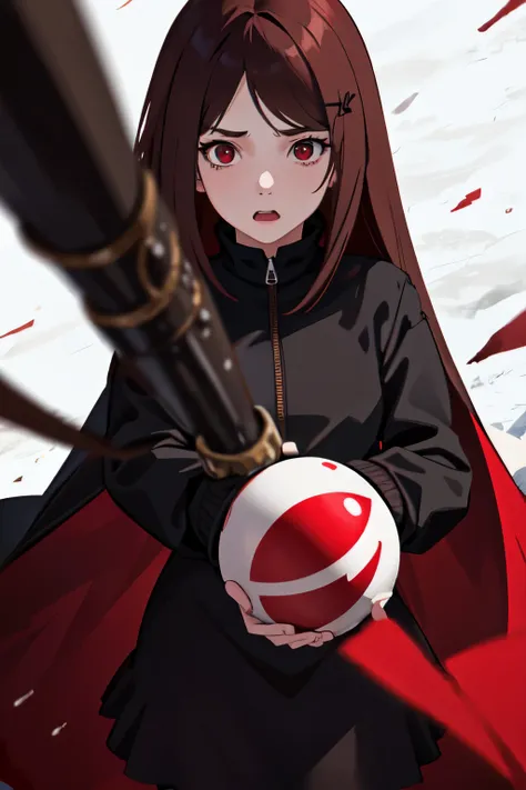 1girl,brown hair,Holding a bomb,Wearing a black jacket, red skirt, red eyes,Standing, close up photo, snow background, ultra detail, ultra HD