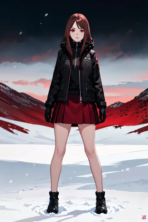 1girl,brown hair,Wearing a black jacket, red skirt, red eyes,Standing, half body photo, snow background, ultra detail, ultra HD