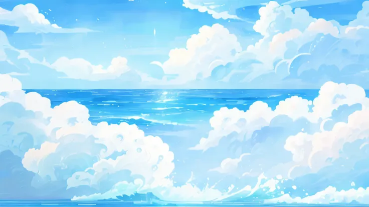 Japanese cartoons - style painting of a man on a surfboard in the ocean, Japanese cartoons clouds, beautiful floating clouds. Japanese cartoons, Japanese cartoons background, Japanese cartoons sky, Japanese cartoons beautiful peace scene, paradise backgrou...