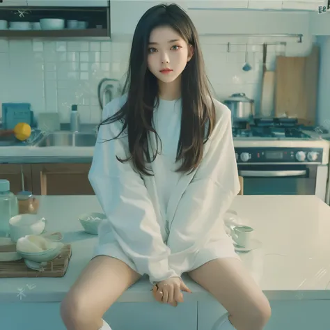 araffed asian woman sitting on counter in kitchen with white shirt, ulzzang, korean girl, jaeyeon nam, smooth white tight clothes suit, 2 4 year old female model, 19-year-old girl, in white clothes, guweiz, trending on cgstation, jinyoung shin, gongbi, you...