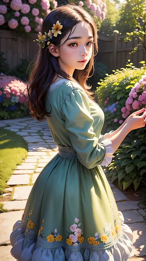 A girl in a floral garden, vibrant with colors, ((photorealistic)),((Hyper realistic)),((sharp focus)),(highest resolution),(the most absurd quality),(masterpiece) portrays a peaceful scene. This artwork, created with (oil paints:1.1), showcases the lush (...