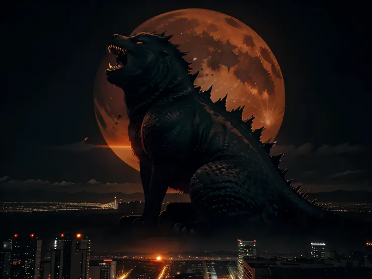 A dark night over the city, red moon, red moon with energy flow, energy tide, bad premonition, view, don&#39;t need humans, There is a flow of energy., Very realistic, 4k, Godzilla, like a short-legged orange cat, is destroying the city.