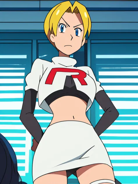 8k, masterpiece,highres,very large breast, team rocket uniform, red letter r, white skirt,white crop top,black thigh-high boots, black elbow gloves, glaring angrily, looking down at viewer, hands on hips, cowboy shot, zettai ryouiki,from below, black panti...