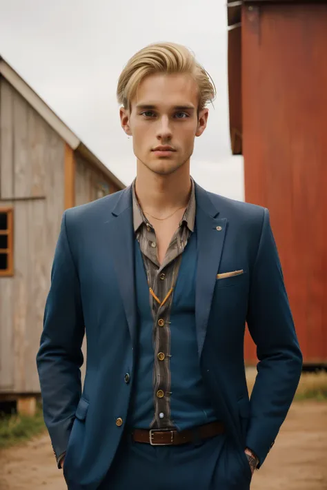 Little Wing, Wisconsin, 2014. A young ((((30-year-old)) Lee Bodecker)), tall, lean, angular jawline, stricking features, charismatic, free-spirited, outside a barn, ((angry expression)). ((((hipster clothings from the 2010s, gala suit)))), ((unkempt stylis...