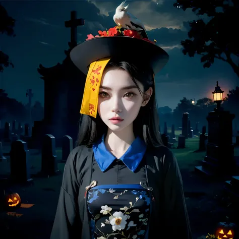 there is a woman wearing a hat with a bird on it, goddess of death in a graveyard, hanfu, classical witch, fashionable dark witch, eerie art style, chinese costume, dark witch headdress, in a halloween style, cai xukun, inspired by Li Mei-shu, chinese girl...