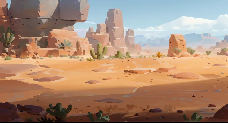 there is a desert scene with a few rocks and plants, desert environment, background art, desert background, desert scenery, rocky desert, desert landscape, desert wasteland, desert mesa, canyon background, background artwork, flat desert, sand and desert e...