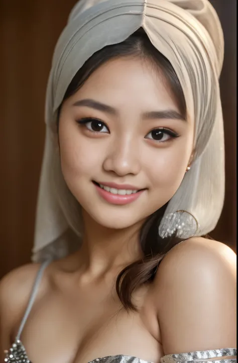 tzuyu, iu, yooa, 2girls, silver bellydancer, cleavage,  two beautiful teen javanese and chinese girls with hijab and few soft freckles, mole below eyes, detail skin texture, smile, , dramatic light , Rembrandt lighting scheme, (hyperrealism:1.2), (8K UHD:1...