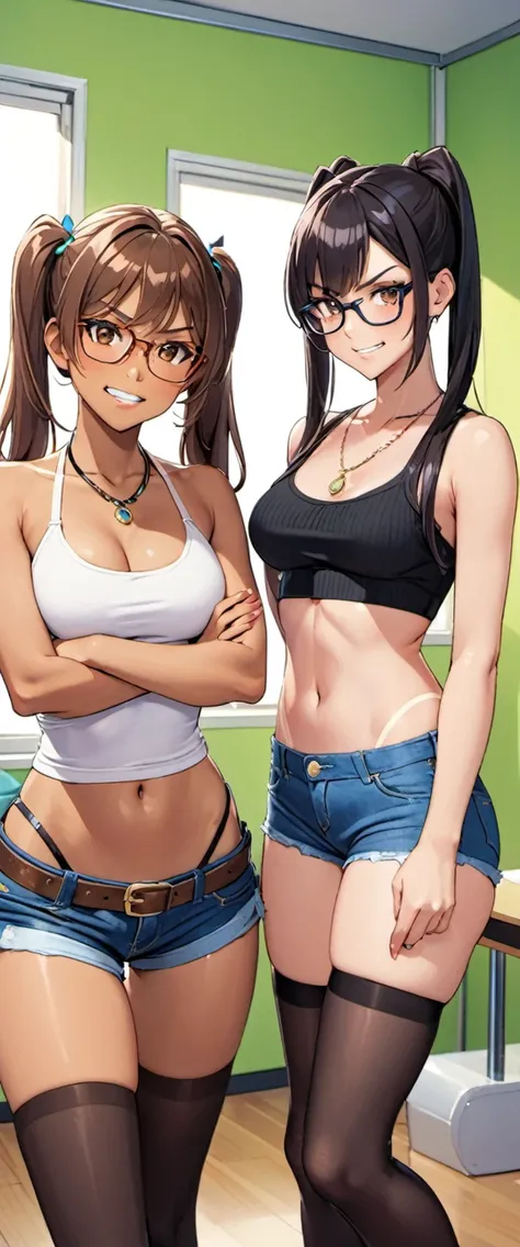 two animated female characters posing in a cartoon room together, one of the characters dressed in skimpy clothing, shorts, striped, tan, thighhighs, black hair, glasses, jewelry, crossed arms, navel, multiple girls, necklace, tanlines, 2girls, midriff, sh...