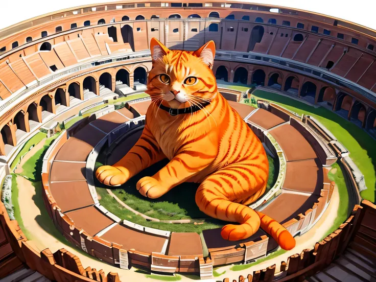 energy tide, don&#39;t need humans,4k,Bird&#39;s-eye view,Giant short-legged orange cat Lying in a circle in the Colosseum,Its body size is larger than that of Colosseum., middle of rome,Anime,cute