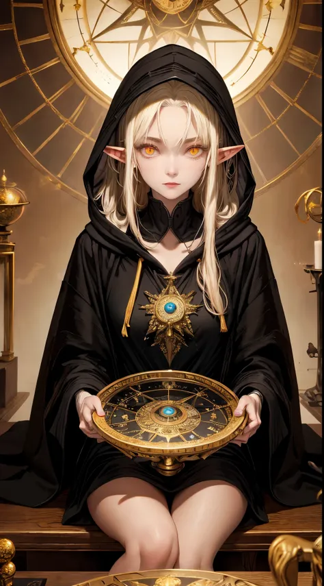 masterpiece, best quality, 1girl, elf, platinum blonde hair, black robe, hooded robe, sitting across table, orrery, mystic, gold trim, looking at viewer, glowing eyes