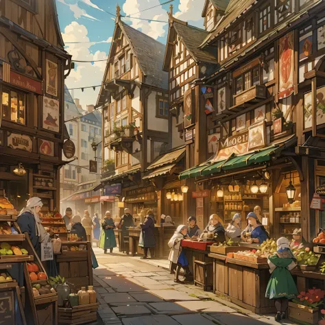 one market(european medieval market，market)，there is a pub，there is a hotel，there are various shops，there are various goods，live...