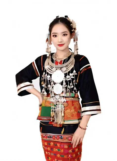 Wearing a colorful skirt、Woman wearing necklace posing for photo, tribal clothing, traditional this costume, Sukhothai Clothing, traditional dress, traditional clothes, Wear authentic clothing, traditional costume, traditional clothing, this costume, triba...