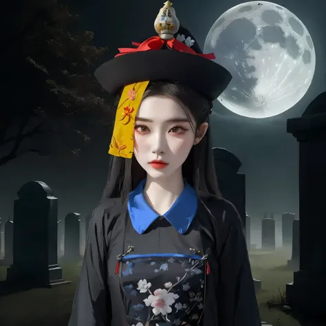 there is a woman in a black hat with a red ribbon, lunar themed attire, hanfu, goddess of death in a graveyard, palace ， a girl ...