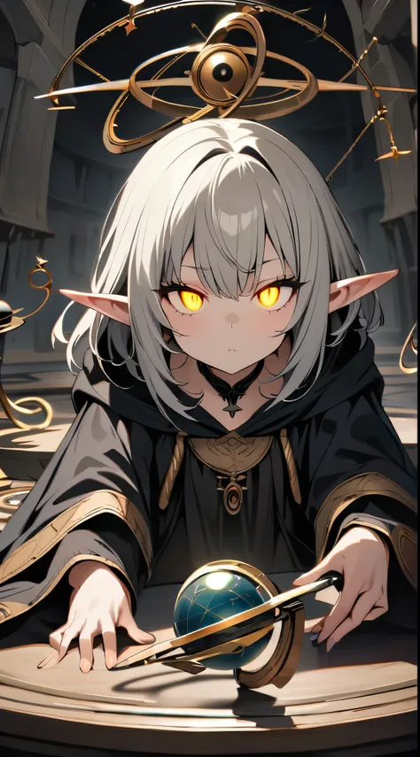 masterpiece, best quality, 1girl, elf, platinum blonde hair, black robe, hooded robe, sitting across table, orrery, mystic, gold trim, looking at viewer, glowing eyes