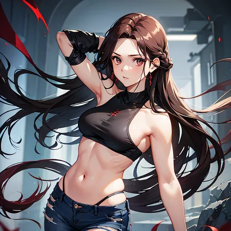 Claire Redfield,Long Half-Up Braid, black hair, exaggerated body, sexy, one shoulder top with a high neck, Dark denim jeans