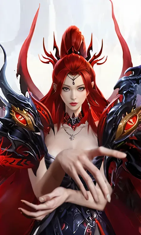 a close up of a woman with red hair and a dragon like costume, beautiful elegant demon queen, white horns queen demon, beautiful succubus, fantasy art style, goddess of anger, succubus | medieval, demoness, giesha demon, epic fantasy art style hd, queen of...