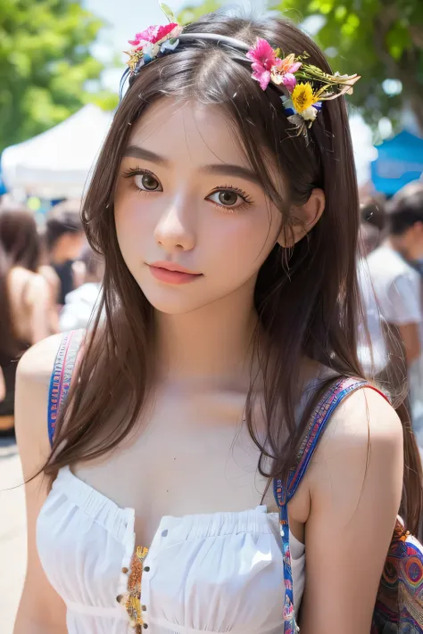 (8k, highest quality, ultra detailed:1.37), (Athena), 18yo, (a free-spirited Javanese girl), embraces the bohemian festival atmosphere. She wears a summer dress. The high-resolution image captures ultra-detailed realism, highlighting Athenas captivating ey...