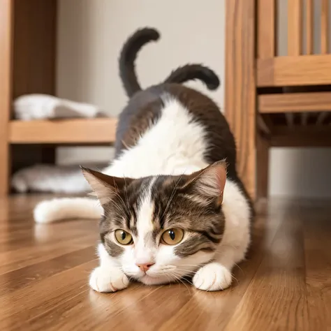 Cute cat with brown and white tabby pattern, from below