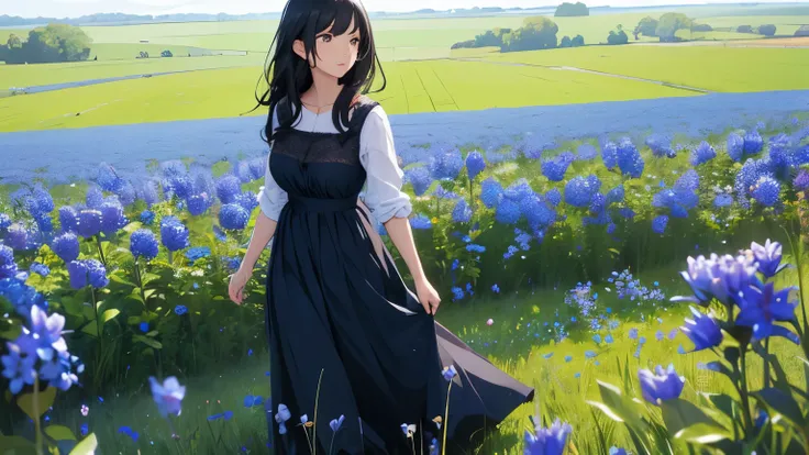 a beautiful black haired girl standing in blue flowers field