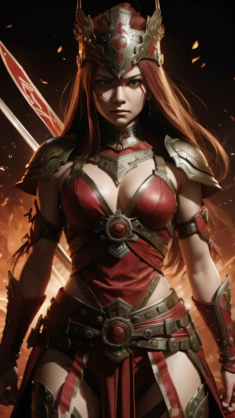 a girl in a warrior costume ready to fight an intense war holding two red swords her face is full of tension and fear standing with proud