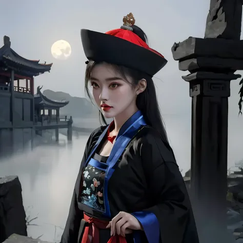 there is a woman in a black hat and red dress, palace ， a girl in hanfu, hanfu, chinese costume, wearing ancient chinese clothes, white hanfu, with acient chinese clothes, traditional chinese clothing, chinese girl, chinese style, lunar themed attire, chin...