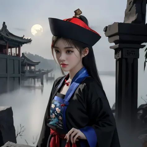 there is a woman in a black hat and red dress, palace , a girl in hanfu, hanfu, chinese costume, wearing ancient chinese clothes, white hanfu, with acient chinese clothes, traditional chinese clothing, chinese girl, chinese style, lunar themed attire, chin...