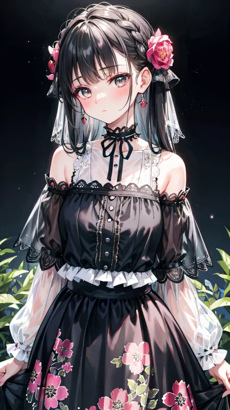 (best quality, masterpiece), 1girl, intricate details, off shoulder, skirt, choker, frills, see-through, looking at viewer, blush, upper body, blurry background, floral print, contrapposto