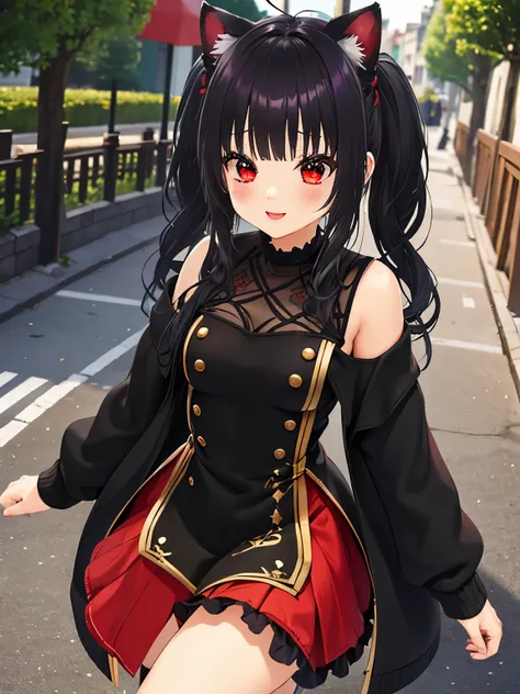 obra maestra,of the highest quality,high resolution ,1 chica,rapid eye movement, re cero, ,((long hair slightly wavy slightly past the shoulders, black bangs, small black pigtails on the sides, cute cat ears, beautiful thin red eyes)),,pechos grandes,piel ...