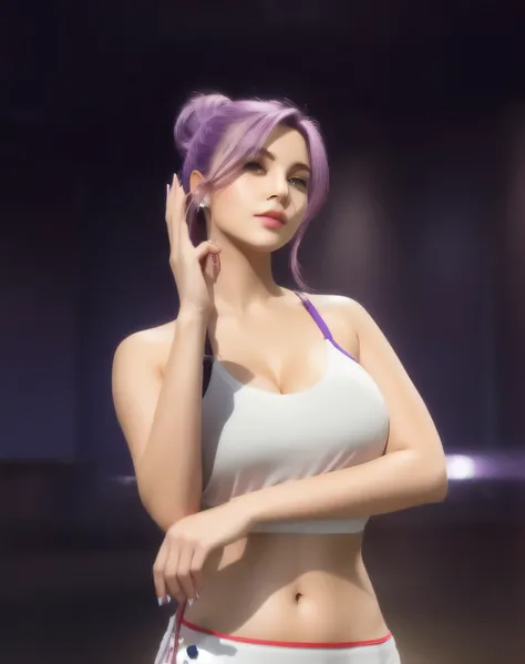 cute woman with purple hair and a white top, big , realistic 