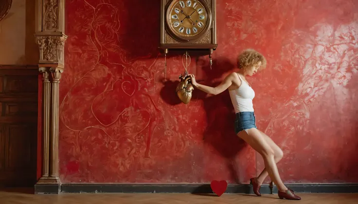 The copper pendulum of a large old clock glitters in the light, a 45-year-old woman in red with short blond curly hair stands with her legs spread and squatting, ((anatomical drawing of a human heart on the wall)), masterpiece, Realistic photography, a lot...