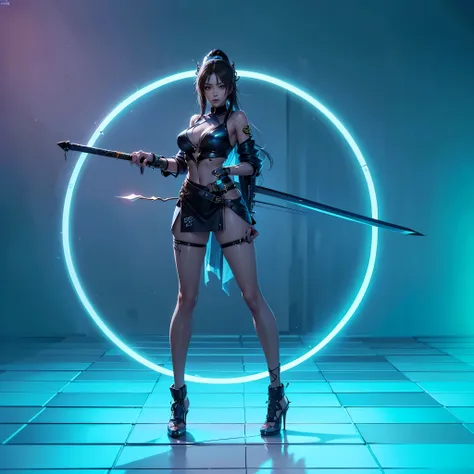 (((finger details))),anime girl holding sword in neon futuristic room, female cyberpunk anime girl, katana zero video game chara...