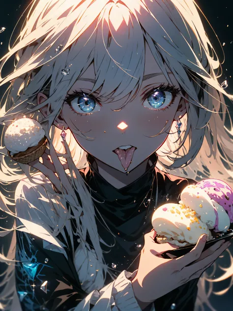 (highest quality、masterpiece、High resolution、detailed), 1 girl, alone, (cute)、very fine eyes,(Shining eyes、detailed beautiful face)､ (official art, Cosmetology and aesthetics: 1.2), (fractal art: 1.3), (Licking ice cream)、white pink color scheme, most deta...