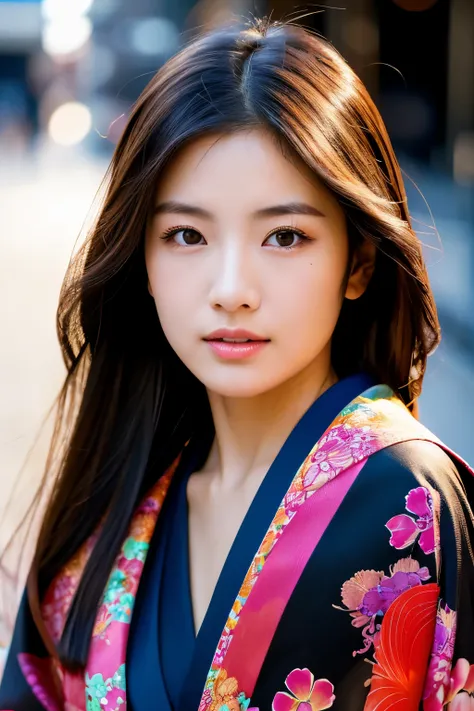 Beautiful Japanese supermodel woman, A lock of hair with slight highlights, black eyes, Sexy，street background，Gorgeous kimono , Liquid color flows across her face, Shooting against the light，Perfect facial lighting，mixed media