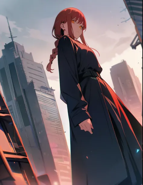 one woman, Makima , chainsaw man , black long coat , Are standing , look down, from below, looking at the viewer, outdoor, city , masterpiece, highest quality, so beautiful, disorganized