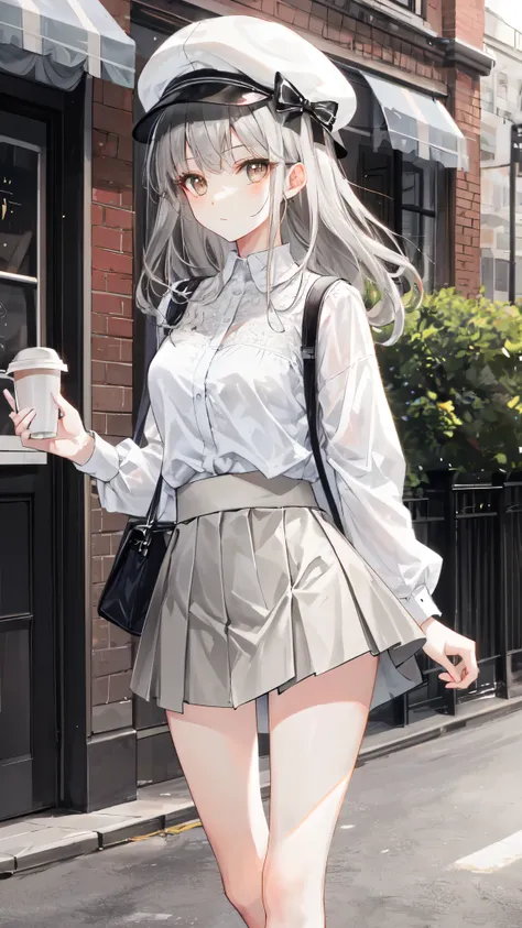 masterpiece, high quality, best quality, beautiful, hd, perfect lighting, detailed face, detailed body, 1 girl, solo, (long gray hair), brown eyes, medium breasts, ((white underwear)), ((short gray skirt)), (gray hat), in front of a cafe,