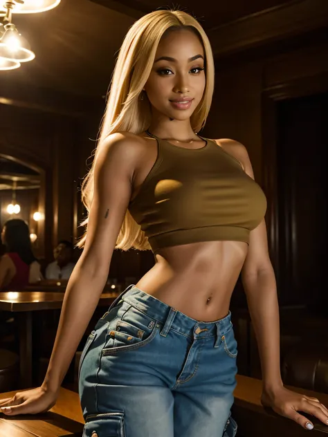 Foto hiperrealista en primer plano de Cardi B, masterpiece, best quality, (photorealistic:1.4), full body, (crop top and cargo pants:1.1), blond long loose hairstyle, suggestively posing at a British pub, leaning on a table, night time, neons, cinematic li...