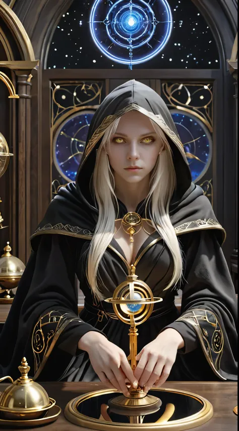 masterpiece, best quality, 1girl, elf, platinum blonde hair, black robe, hooded robe, sitting across table, orrery, mystic, gold trim, looking at viewer, glowing eyes