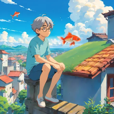 anime style Hayao Miyazaki, cute boy, sitting on a rooftop, Frutiger Aero aesthetic, bright blue sky, green grass, fish motifs, relaxed posture, dreamy expression, pastoral landscape, Ghibli-esque fantasy, vibrant color palette, sweeping nature views, koi ...