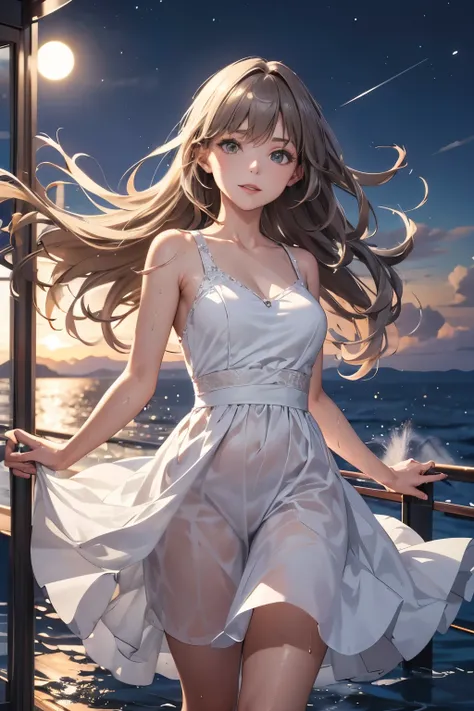 A mature woman feels the wind with her arms outstretched at the tip of a luxury cruise ship, long hair, illuminated by moonlight, sea spray, a masterpiece, her white dress is wet, looking at the viewer.