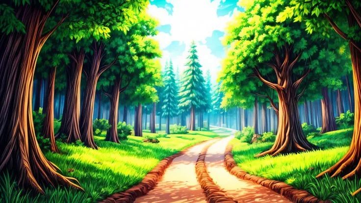 Cartoon fantasy forest with trails and trees, arte de fundo, background artwork, Mobile game background, game background, 2 D game art background, forest background, scenery art detailed, landscape artwork, Mobile game art, 2d game background, Anime backgr...