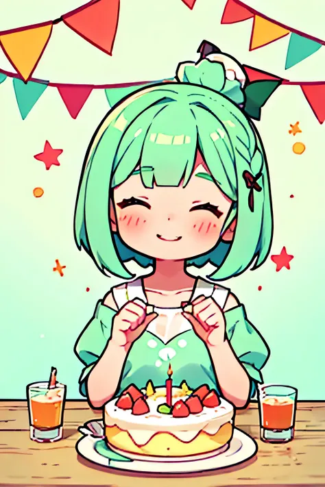 happy Birthday,Eat birthday cake,smile with closed eyes,girl,mint green hair,bob hair