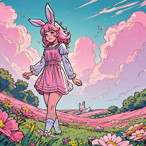 A rabbit girl walks through a sea of flowers dotted with pink clouds、The rabbit girl looks like she&#39;s having fun、The lonely rabbit girl is on an adventure　beautiful