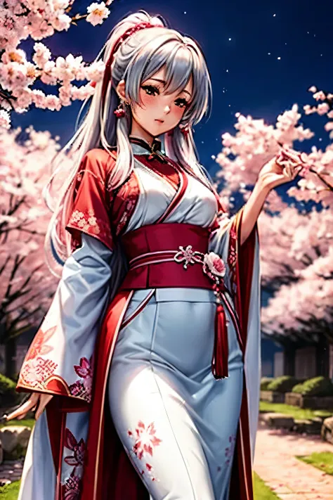 a shrine maiden, clad in a stunning white and red costume, gracefully dances amongst the blooming cherry blossoms under the moon...